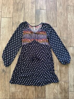 Xhilaration Floral Paisley Boho V-Neck Dress in Navy and Rust